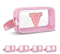Vodolo Beauty case con iniziale, lettera V, graziosa borsa da viaggio trasparente con monogramma per donne e ragazze, borsa da viaggio estetica da viaggio personalizzata per il trucco da spiaggia