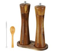 Voency Set di macinasale e pepe in legno, 2 macinaspezie in legno di acacia, macina spezie in ceramica con sottobicchiere, spazzola per la pulizia e cucchiaio per diversi tipi di spezie