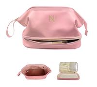 Vogewood Grande borsa per il trucco con iniziale, borsa cosmetica personalizzata a doppio strato con organizer per pennelli da trucco, impermeabile, borsa da viaggio in pelle PU di grande capacità,
