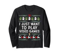 Voglio Solo Giocare A Videogiochi Brutto Giocatore Mattina di Natale Maglia a Manica