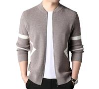 Vogrtcc Cardigan da uomo slim fit patchwork cerniera colletto alla coreana manica lunga casual maglia spessa capispalla moda, Lighttan, L