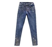 Vogrtcc Jeans Skinny da Donna A Vita Media con Strass con Tasche Jeans Aderenti Aderenti alla Caviglia con Gamba Dritta Blue M