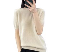 Vogrtcc Maglioni da donna lavorati a maglia mezza manica in lana primavera O-Collo Top Pullover, Beige, S