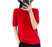 Vogrtcc Maglioni da donna lavorati a maglia mezza manica in lana primavera O-Collo Top Pullover, Rosso, S