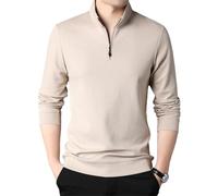 Vogrtcc Polo casual da uomo con zip a un quarto a maniche lunghe vestibilità regolare tinta unita pullover top morbido traspirante maglia, Beige, XL