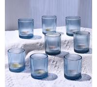 Vohocandle Portacandele in vetro blu a costine Set di 12 portacandele in vetro blu per decorazioni da tavolo, contenitore per candela scaldavivande per matrimoni, feste (5,5 cm L x 6,5 cm H)