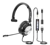 Voistek Cuffia Monoculare con Microfono Antirumore 3 in 1 (USB-A/3,5mm/Type-C) - Adattatore Professionale per Call Center, Guida, Riunioni Zoom e Business Mobile, Riunioni Zoom/Skype