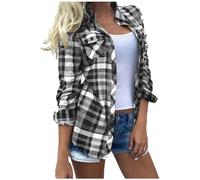 vokkrv Camicetta da Donna a Quadretti Maniche Lunghe Casual con Risvolto Button-Down Camicia in Cotone con Tasca Sottili Primavera Comodi Leggeri Moda Sciolto S-XXL