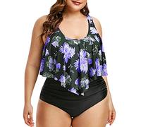 vokkrv Costume da Bagno Donna a Due Pezzi Oversize Estivi Elegante Imbottito Reggiseno Brasiliana Vita Alta Pieghe Stampa Floreale Bikini Set Vita Alta Taglie Forti 5XL