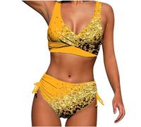 vokkrv Costumi da Bagno Donna Bikini Set Stampa Leopardo Push Up Imbottito Reggiseno con Paillettes Costumi da Mare Spiaggia Due Pezzi Sexy Estivo Triangolo Vita Alta Nero Giallo