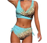 vokkrv Costumi da Bagno Donna Bikini Set Stampa Leopardo Push Up Imbottito Reggiseno con Paillettes Costumi da Mare Spiaggia Due Pezzi Sexy Estivo Triangolo Vita Alta Nero Giallo