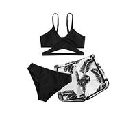 vokkrv Donna Costume da Bagno con Pantaloncini 3 Pezzi Halter Sexy Bikini Set Patchwork Push Up Capestro Imbottito Bikini Set Spiaggia Mare Estate Brasiliana Nero Rosa