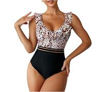 vokkrv Donna Costume da Bagno Costumi Interi con Scollo a V Ruffles Collo Stampa Leopardo Sexy Estivi Push Up Imbottito Reggiseno Curvy Costumi da Mare Spiaggia Dimagrante Costume