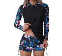vokkrv Donna Costume da Bagno Rash Guard Surf Manica Lunga con Zip Anteriore Tankini Set Stampa Floreale Estate Asciugatura Rapida Protezione Raggi UV Aderente Push Up Sexy Spiaggia Mare S-XXL