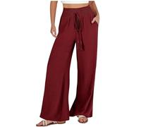vokkrv Donna Pantaloni da Spiaggia Estivi Larghi Lino e Cotone Elastici in Vita con Coulisse Gamba Larga Boho Vita Alta Comodi Leggeri Pantaloni a Tinta Unita Jogging Yoga con Tasca S-3XL