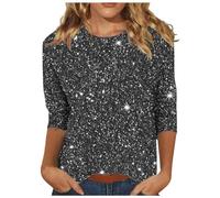 vokkrv Felpa Donna con Paillettes Collo Rotondo Maniche 3/4 Brillantini Slim Fit Elegante Casual Moda Comodi Leggeri Pullover Bluse Tops Cotone Oversize S-XXL