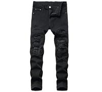 vokkrv Jeans Pantaloni da Uomo in Denim Ginocchio Strappato Casual Slim Fit Sottili Elasticizzato Pantaloni Hip-Hop Ragazzo Chino Skinny Ripped Pantaloni Bianco Nero Rosso