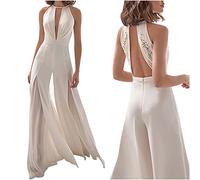 vokkrv Jumpsuit da Donna Elegante Tutine in Pizzo Scollo a V Profondo Schiena Scoperta Tinta Unita Tuta Cerimonia Cocktail Overall Monopezzi Vintage Vita Alta Bianca Oversize S-XXL