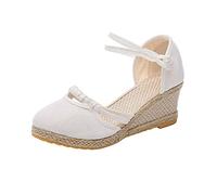 vokkrv Sandali Donna con Zeppa Estivi Casual Sandali di Paglia da Vacanze Camminare con Adjustable Strappo Comodi Leggeri Sandali Chiuse in Corda di Canapa Bianca