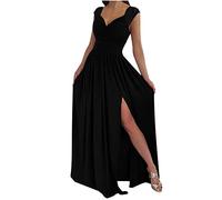 vokkrv Vestiti Donna Cerimonia Sexy Scollo a V Spalla Larga Aderente Vita Alta Pizzo Patchwork Abito Lungo con Spacco Tinta Unita Ballo Maxi Dress Estivi Controllo della Pancia Nero Vino S-XXL