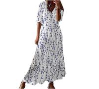 vokkrv Vestiti Donna Scollo a V Manica 3/4 Lanterna Stampa Floreale Sciolto Cotone Elegante Comodi Lungo Abito da Spiaggia Vacanze Vestito Bohémien Estivi Casual Oversize S-3XL