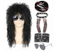 Vokuhila, set di 7 parrucche da uomo, stile anni '80, parrucca lunga nera, perfetta per carnevale, cosplay, costume fai da te