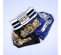 Volakebeing For Anotherboxer - Pantaloncini da boxe unisex per muay thai, MMA, kickboxing, pantaloncini da combattimento in poliestere traspirante con elastico in vita, rosso + bianco (nero+blu, M)