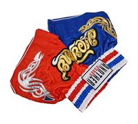 Volakebeing For Anotherboxer - Pantaloncini da boxe unisex per muay thai, MMA, kickboxing, pantaloncini da combattimento in poliestere traspirante con elastico in vita, rosso + bianco (blu + rosso, M)