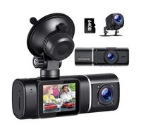 Volam 1080P Dashcam anteriore, posteriore e interno, dashcam a 3 canali per il monitoraggio di parcheggio, visione notturna a infrarossi WDR, sensore G, con scheda SD 64