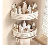 Voldra Mensola Doccia Angolare Ventose, 2 Pezzi Porta Sapone Per Doccia Senza Foratura Porta Bagnoschiuma da Doccia Bagno Portaoggetti Shampoo Doccia Angolare con Portasciugamani e Ganci (Bianco)