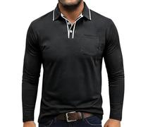 Volemo Polo Uomo Manica Lunga Cotone Magliette Camicie Poloshirt Sport Golf Tops Nero XL