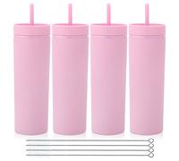 Volhoply 600ml Bicchieri in Plastica Confezione da 4,Bicchiere a Doppia Parete con Coperchio e Cannuccia,Riutilizzabili Tumbler,Bicchieri D'acqua in Acrilico Senza BPA per Feste,Regali(Rosa,4 Set)