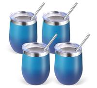 Volhoply Confezione da 4 bicchieri da vino in acciaio inox da 350 ml, con coperchio, a doppia parete, sottovuoto, senza stelo, riutilizzabili, in metallo, da viaggio, con cannuccia, tazza isolante,