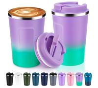Volhoply Tazza da caffè da viaggio a doppia parete isolata da 350 ml, con coperchio a ribalta, riutilizzabile, in acciaio inox, a prova di perdite, per bevande fredde e calde (viola verde, set da 2)
