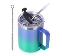 Volhoply Tazza da caffè isolata a tenuta stagna, con coperchio flip e cannuccia, a doppia parete, in acciaio inox, con manico, riutilizzabile, per campeggio, mantiene freddo/caldo (viola verde, 1 set)