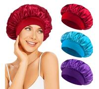 Volhuluk 3 Pezzi Cuffia Seta Capelli Ricci, Cuffia Seta Capelli Notte, Berretto da Notte Raso Elastico, Morbida e Confortevole, Cuffia Capelli Ricci Notte per Donna(Blu,Viola,Rosso)