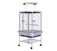 Voliera per Uccelli con Ruote Altezza 161.5cm, Vaschette in Acciaio e Trespoli in Legno, Argento