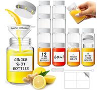 volila Bottigliette di Vetro Piccole per Shot con Tappi - Confezione da 12 Mini Bottiglie 2oz/60ml, Botellas de Jugo de Jengibre con Imbuto, Etichette, Shrink Wrap, Spazzola e Inserti Schiuma Extra