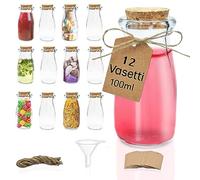 Volila Vasetti Vetro Piccoli (100 ml o 96,4 g) Bomboniere con coperchi in sughero, Set di 12, Portaconfetti con imbuto, etichette ed spago