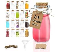 Volila Vasetti Vetro Piccoli (100 ml o 96,4 g) Bomboniere con coperchi in sughero, Set di 24, Portaconfetti con imbuto, etichette ed spago