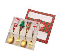 VollfitYYu Set di 4 posate natalizie, cucchiaini da caffè e forchette di Natale, statuetta 3D, in acciaio inox, cucchiaino da dessert, forchetta da dolce, con confezione regalo (oro)