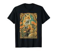 Volpe Art Nouveau con Fiori Arancioni e Bosco Vintage Maglietta