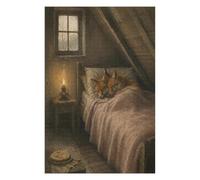 Volpe che dorme nella camera da letto mansardata Puzzle 1000 Pezzi in Legno | Luce calda della finestra, Camera accogliente, Illustrazione realistica, Struttura in Legno, Sfida Puzzle, Gioco Mentale