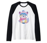 Volpe Sorridente Inverno Carino Animale Ritratto Grafico Pelliccia Blu Maglia con Maniche Raglan