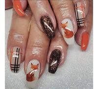 Volpi con motivo autunnale da imprimere le unghie lucide da incollare, 24 pezzi unghie artificiali per il giorno del Ringraziamento, elegante manicure nail art