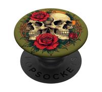 Volti Di Teschio Con Rose Rosse PopSockets PopGrip Adesivo