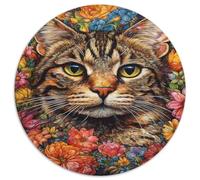 Volto di Gatto Puzzle 1000 Pezzi Rotondo Carta Puzzle per Adulti Scena Floreale