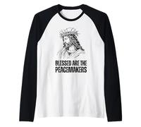 Volto di Gesù con la Scritta Blessed Are The Peacemakers Maglia con Maniche Raglan