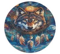 Volto di Lupo Puzzle 1000 Pezzi Rotondo Carta Puzzle per Adulti Notte da Sogno Piume