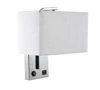 VoltShine Applique 1xE27 con porta USB, cromo e pannello bianco, dimensioni 27x25x15cm, con interruttore; ideale per illuminare e caricare dispositivi.